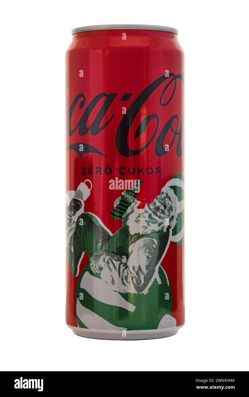 can of hungarian festive christmas special edition zero sugar coca cola tagliata su sfondo bianco ungheria Foto Stock