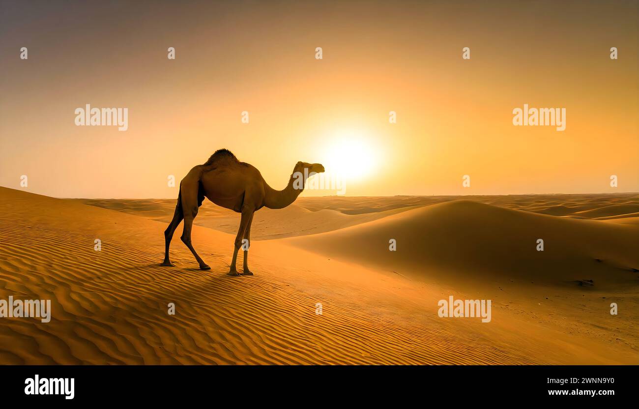Un cammello solitario sorge sotto il deserto del tramonto nel deserto di Dammam, in Arabia Saudita. Foto Stock