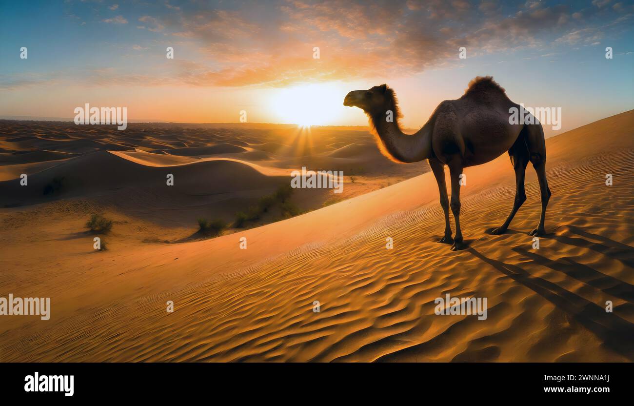 Un cammello solitario sorge sotto il deserto del tramonto nel deserto di Dammam, in Arabia Saudita. Foto Stock
