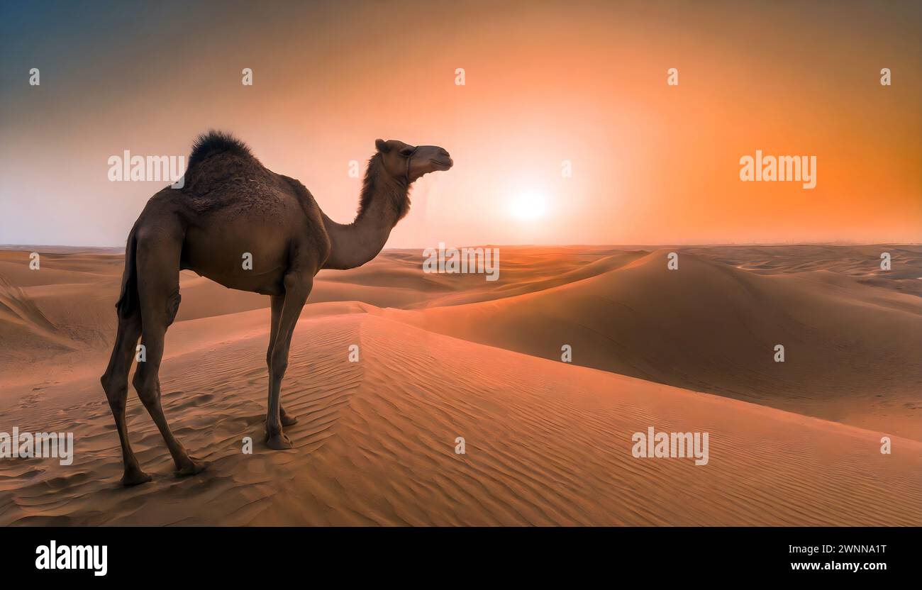 Un cammello solitario sorge sotto il deserto del tramonto nel deserto di Dammam, in Arabia Saudita. Foto Stock