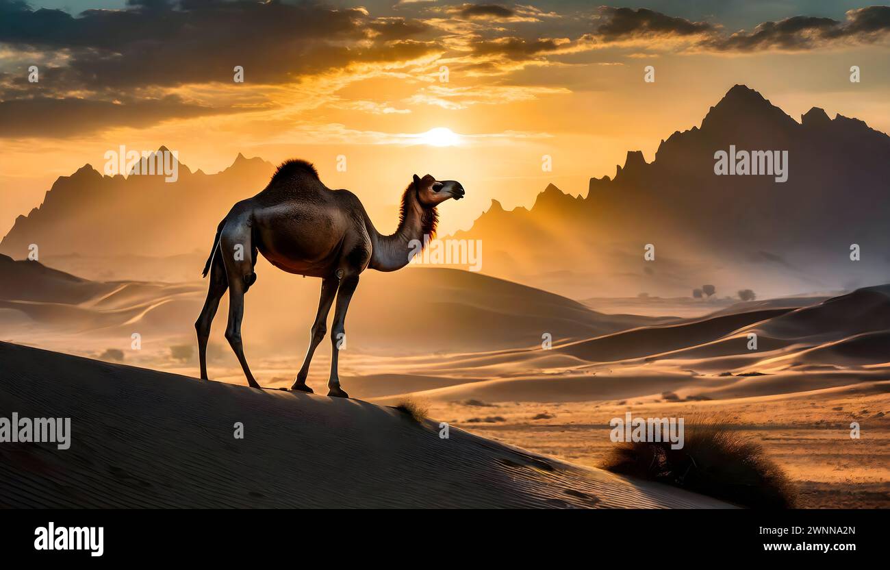 Un cammello solitario sorge sotto il deserto del tramonto nel deserto di Dammam, in Arabia Saudita. Foto Stock
