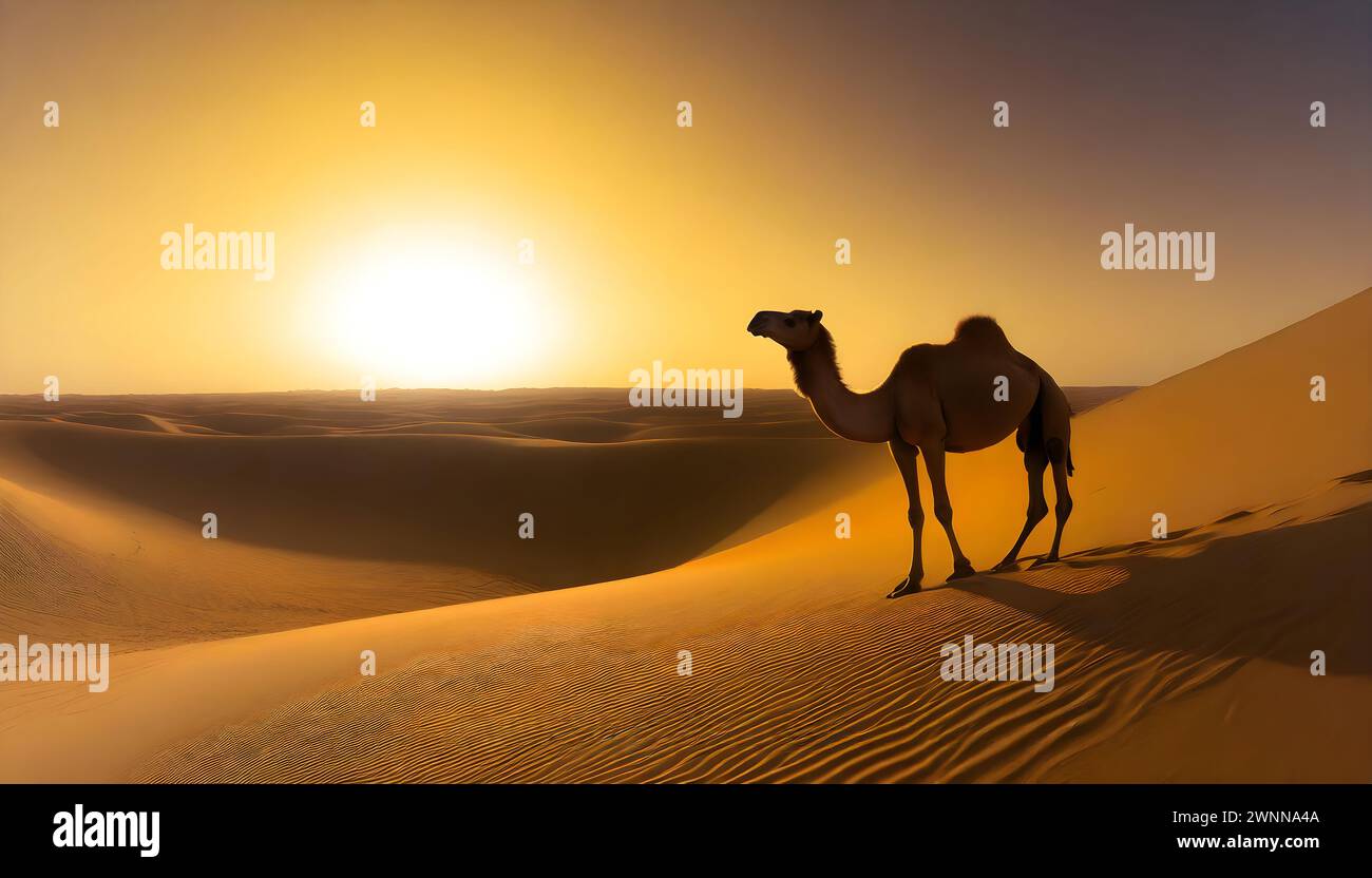 Un cammello solitario sorge sotto il deserto del tramonto nel deserto di Dammam, in Arabia Saudita. Foto Stock
