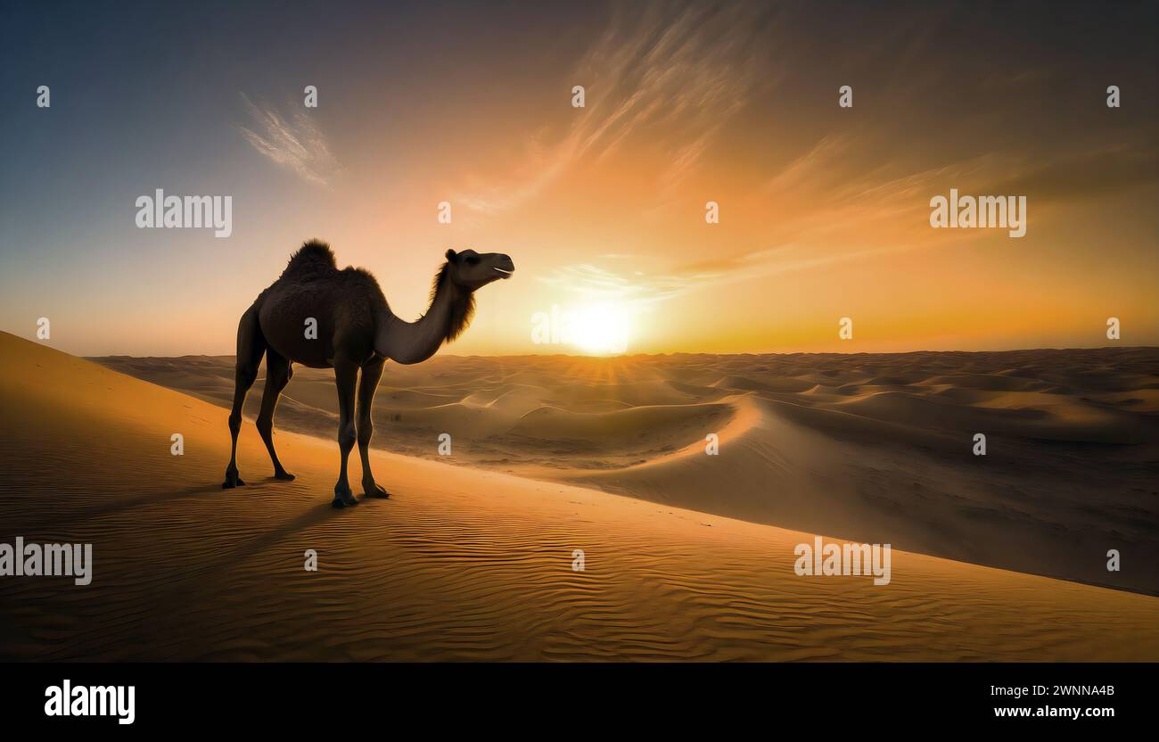 Un cammello solitario sorge sotto il deserto del tramonto nel deserto di Dammam, in Arabia Saudita. Foto Stock