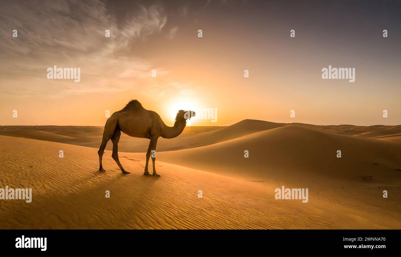Un cammello solitario sorge sotto il deserto del tramonto nel deserto di Dammam, in Arabia Saudita. Foto Stock