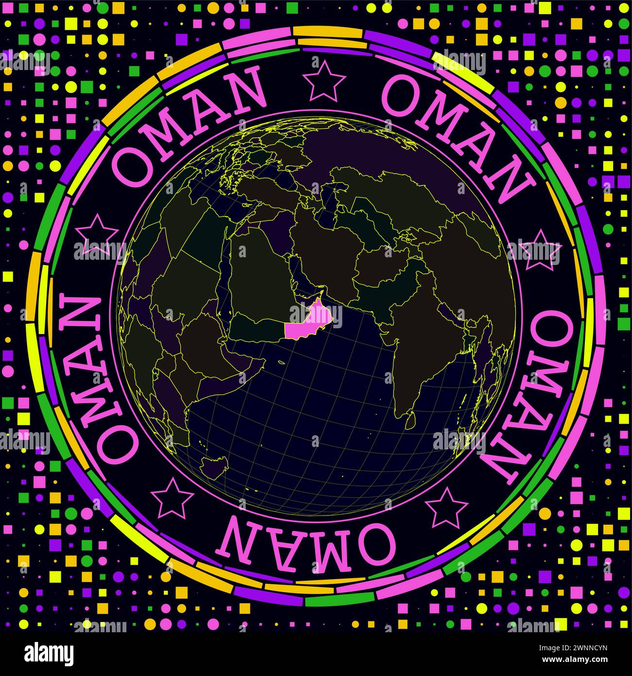 Oman futuristico sul globo. Brillante visione satellitare al neon del mondo incentrata sull'Oman. Illustrazione Vettoriale