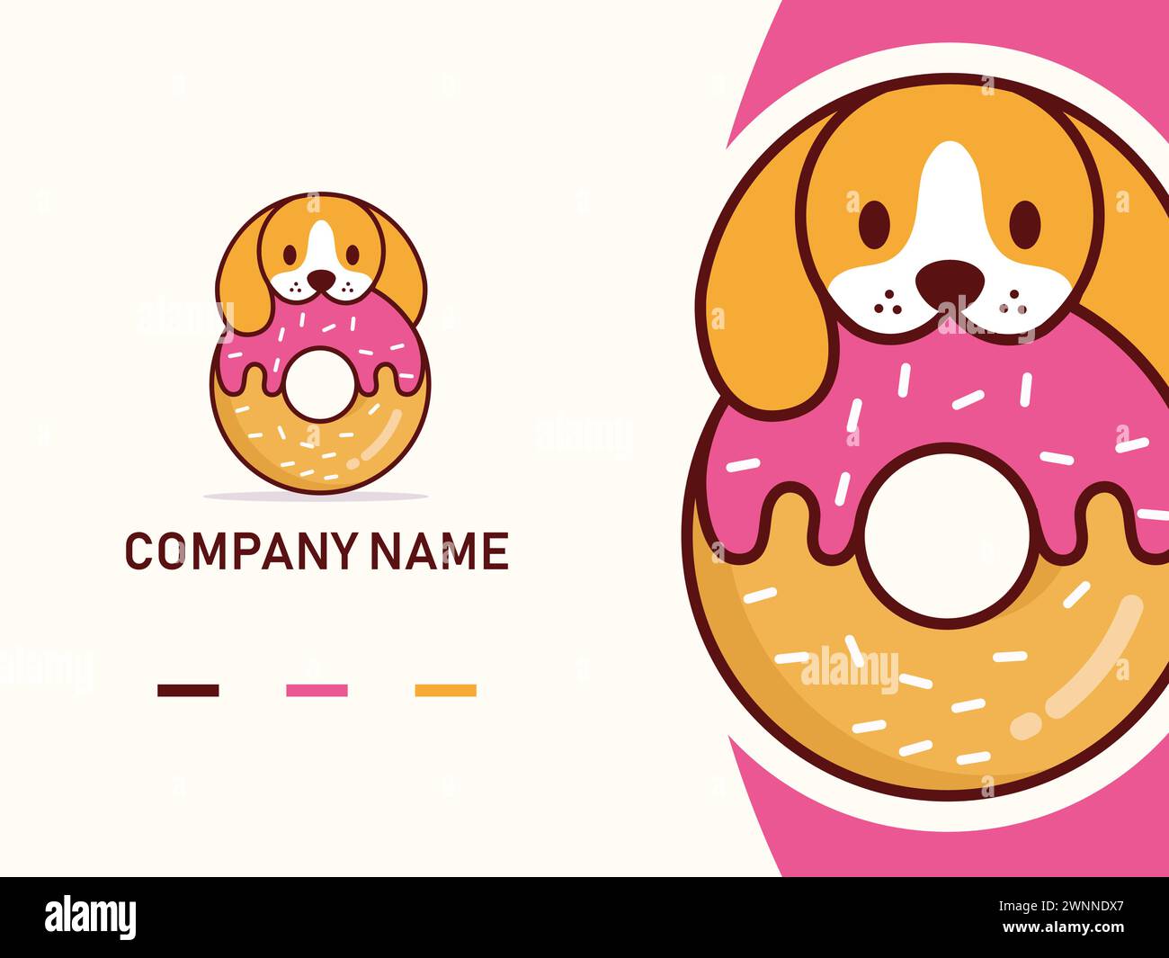 Illustrazione di una mascotte e logo per il negozio di ciambelle, panetteria o negozio di animali. File vettoriale di livello organizzato completamente personalizzabile, utilizzabile come brad i. Illustrazione Vettoriale