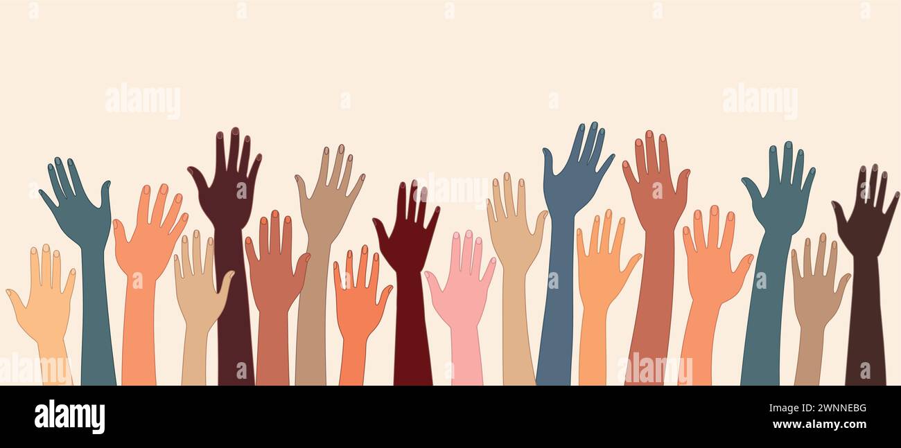 Gruppo alzato la mano. Persone multiculturali. Uguaglianza razziale. Uomini e donne di culture e nazioni diverse. Armonia di coesistenza. Comunità. Diversità Illustrazione Vettoriale