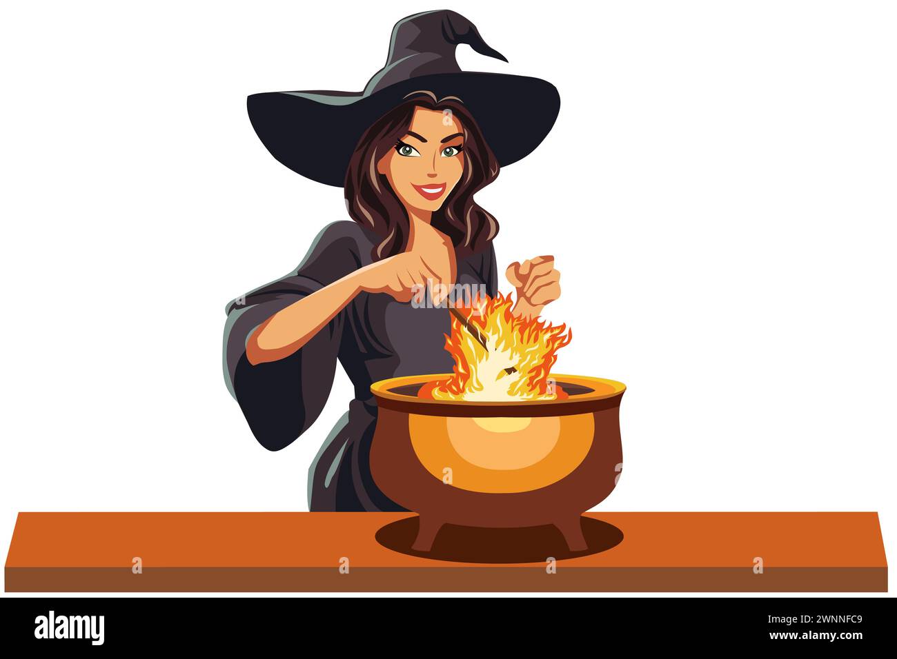 Una bella strega con un abito nero e un cappello eroga una pozione in un calderone. Illustrazione Vettoriale