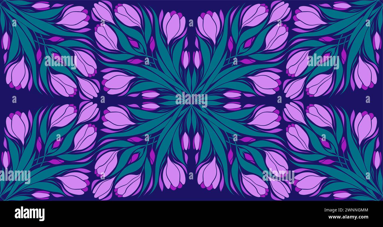 Motivo caleidoscopio vettoriale senza cuciture con croci. Design della superficie Art Nouveau con fiori decorativi primaverili su sfondo viola. Texture floreale Illustrazione Vettoriale