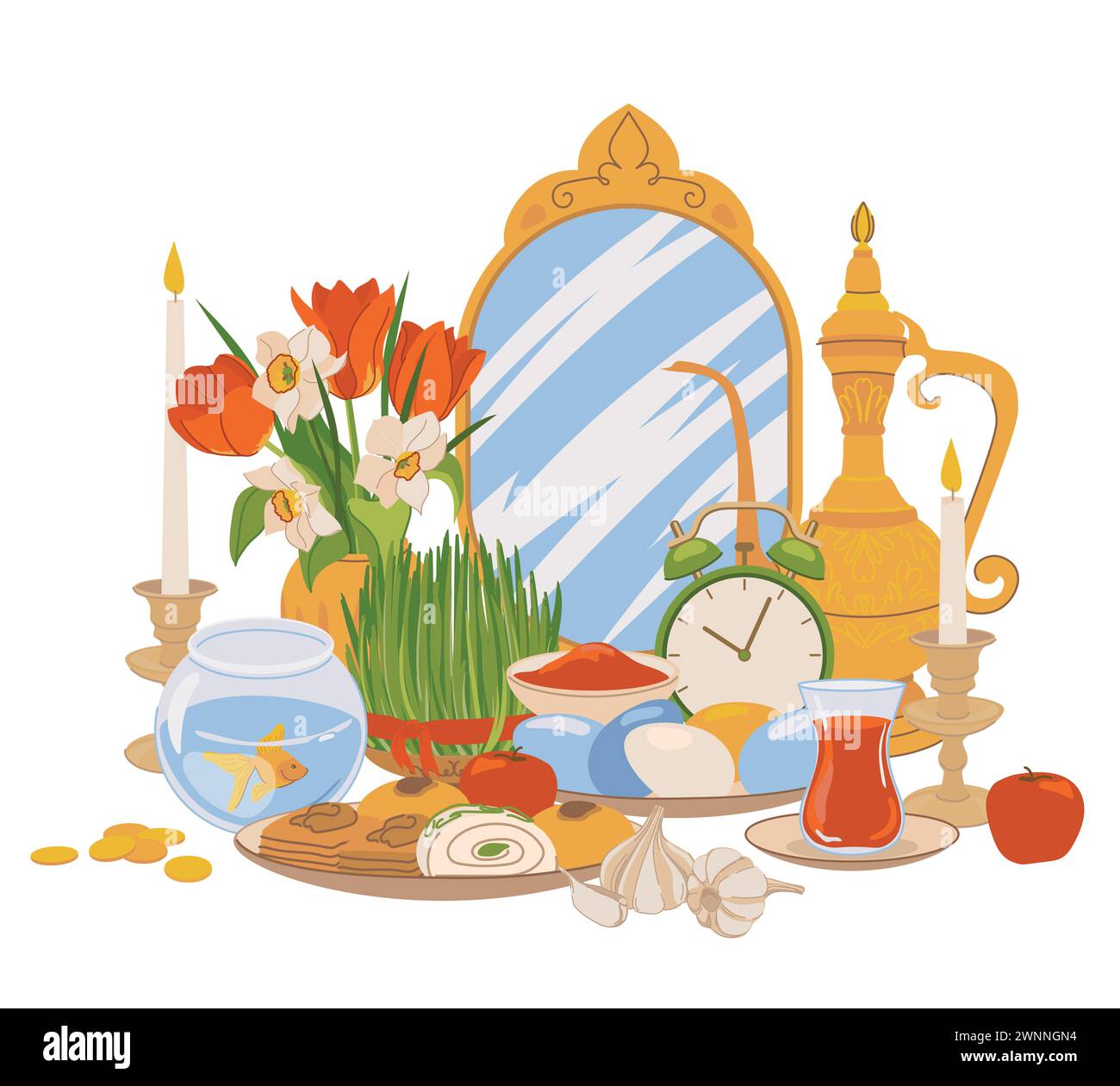 Prodotti per la giornata internazionale di Navruz. Il Capodanno iraniano è un giorno sacro e una festa religiosa degli zoroastriani e dei Baha'is. Specchio, erba verde, Illustrazione Vettoriale