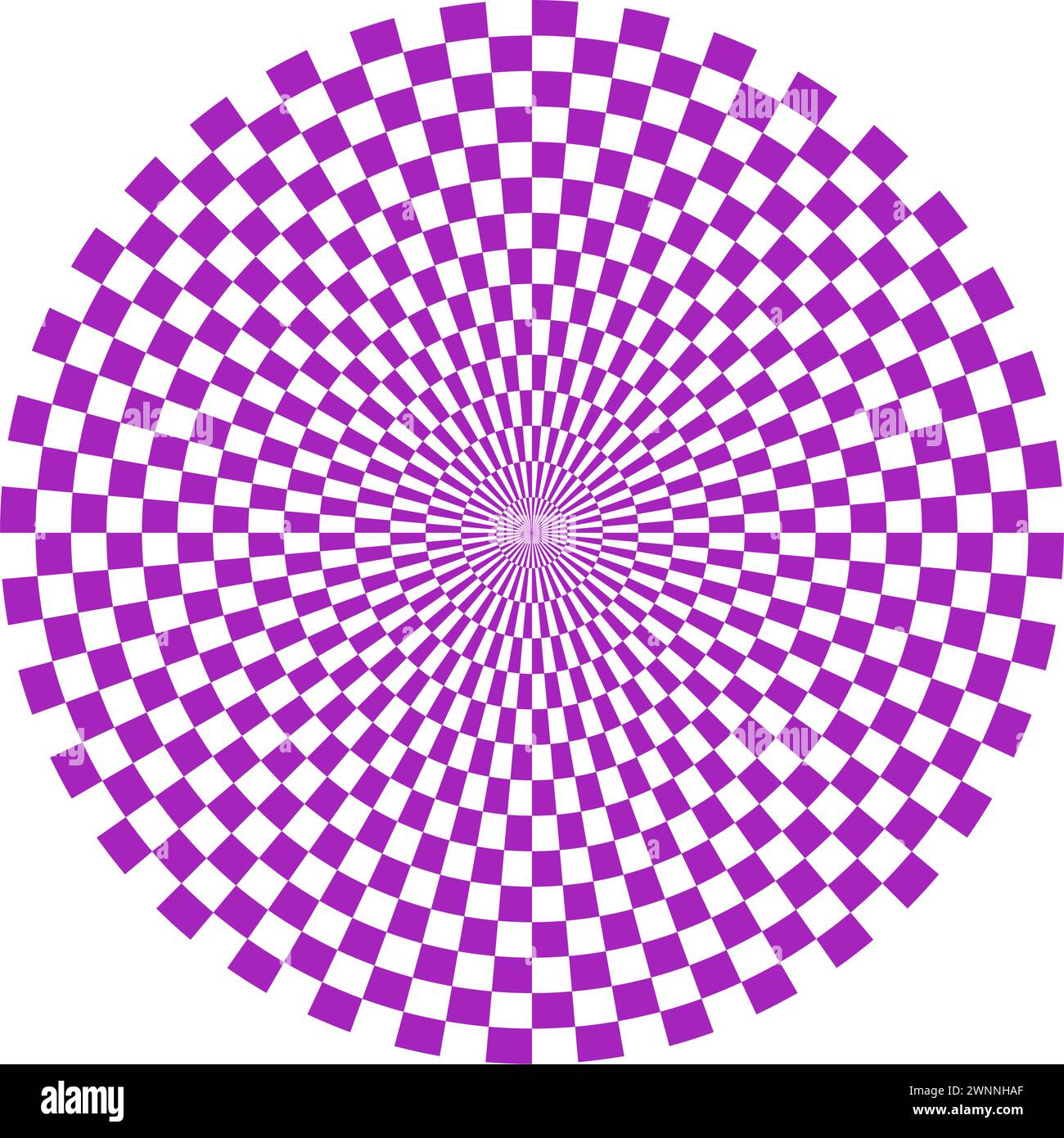 Sfondo cerchio a scacchi. Cerchio psichedelico con motivo geometrico a scacchi. Scacchi ottici su sfondo rotondo con linee radianti e quadrati Illustrazione Vettoriale