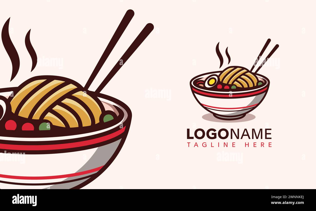 Ciotola con spaghetti e zuppa con illustrazione del logo della mascotte vegetale modello di cibo asiatico Illustrazione Vettoriale
