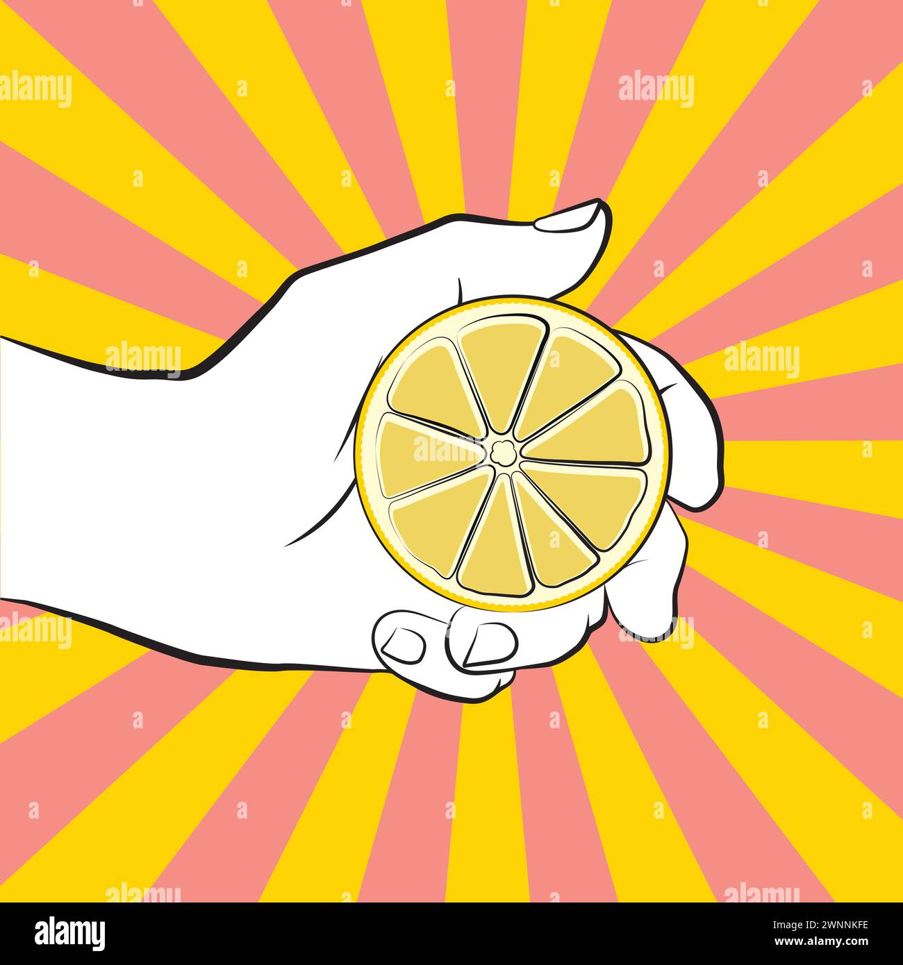 Mano colorata illustrata che regge un limone in stile pop art Illustrazione Vettoriale