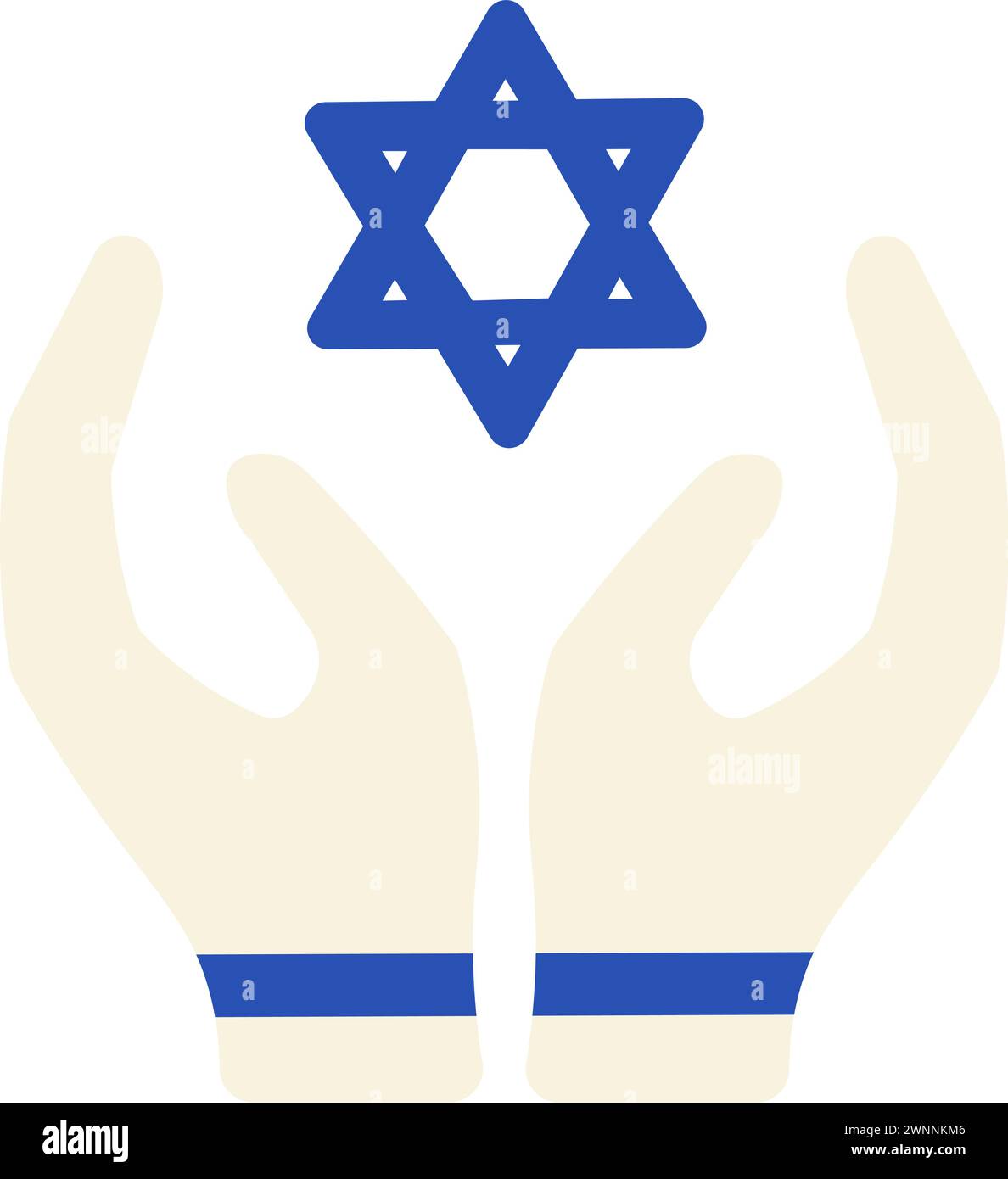 Mani piegate in preghiera simbolo del latte solido paese d'Israele. Elemento festivo, attributo della festa ebraica. Icona vettoriale piatta cartoni animati nei colori nazionali di Illustrazione Vettoriale