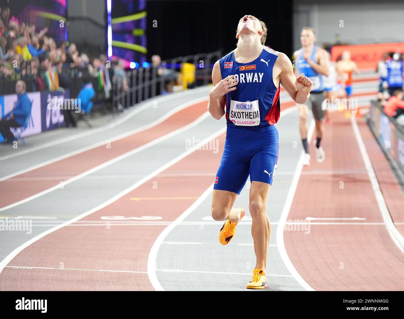 Il norvegese Sander Skotheim celebra il completamento della sezione di 1000 m dell'Heptathlon maschile durante il terzo giorno dei Campionati mondiali di atletica indoor all'Emirates Arena di Glasgow. Data foto: Domenica 3 marzo 2024. Foto Stock