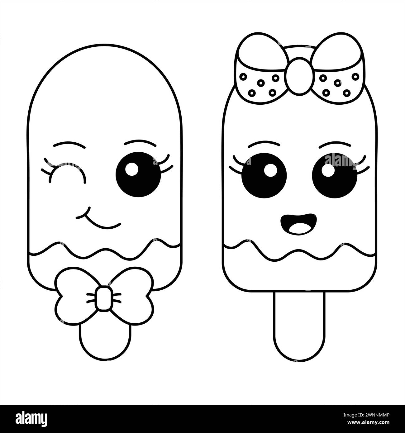 Pagina da colorare per la coppia di carini gelati. Gelato Kawaii con illustrazione del viso sorridente. Cartone animato Popsicle Illustrazione Vettoriale