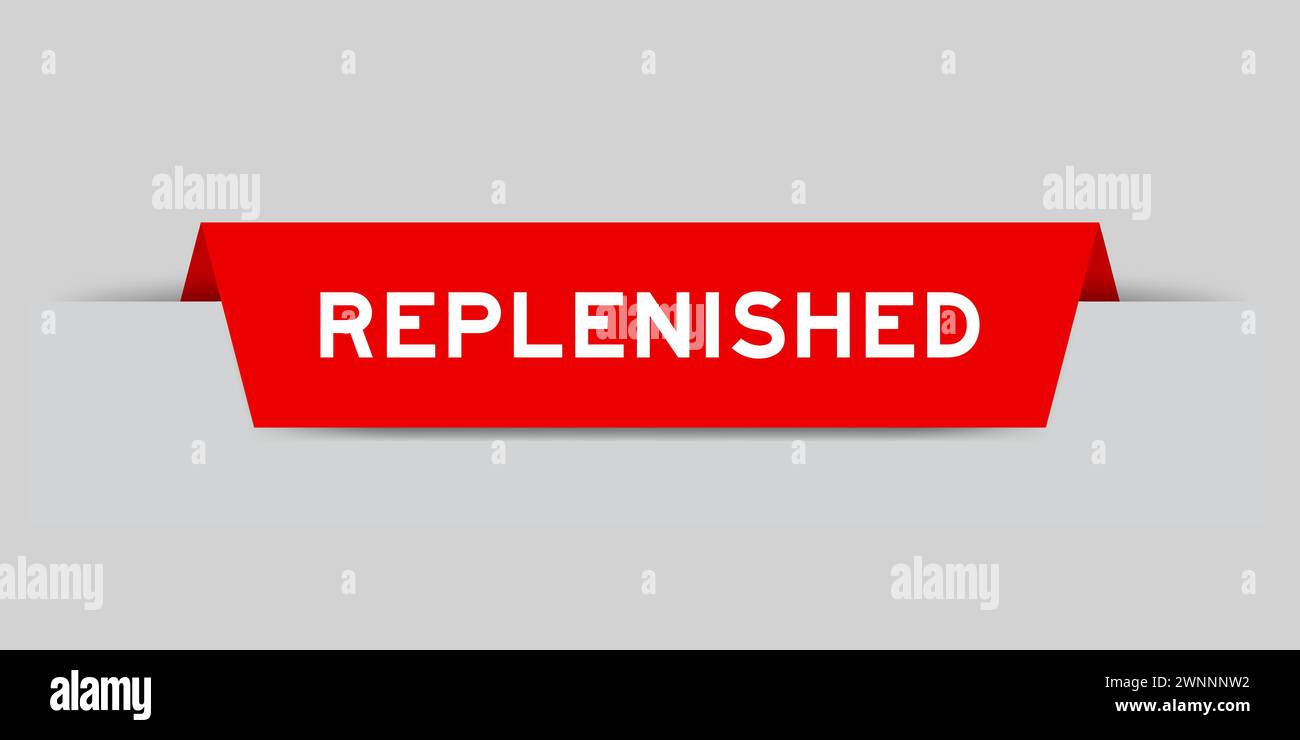 Etichetta inserita di colore rosso con la parola rifornita su sfondo grigio Illustrazione Vettoriale