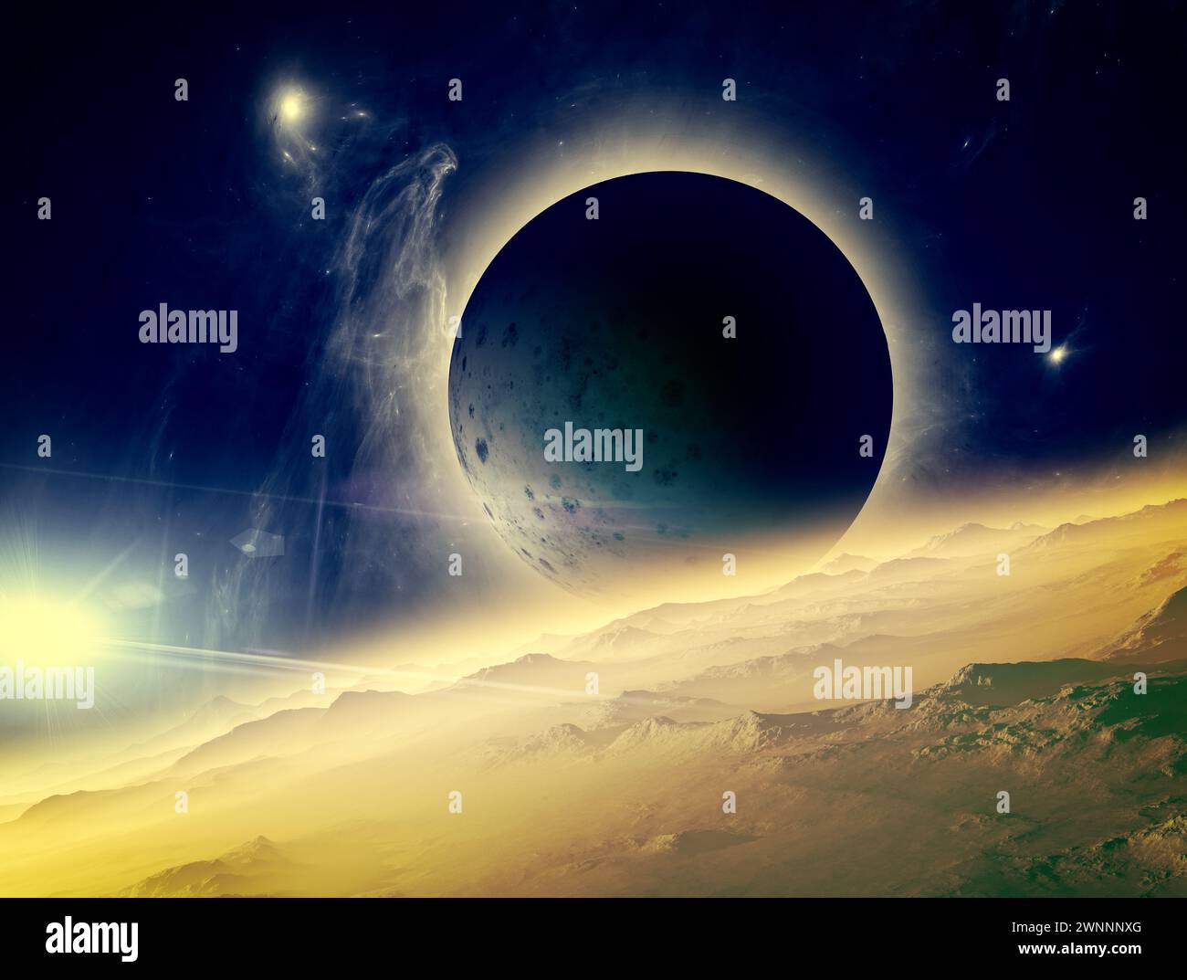 Pianeti ed esopianeti di galassie inesplorate. Fantascienza. Nuovi mondi da scoprire. Colonizzazione ed esplorazione di nebulose e galassie. Foto Stock