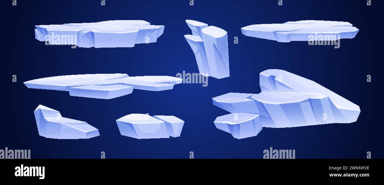 Set di banchi di ghiaccio isolati sullo sfondo. Illustrazione vettoriale di pezzi di iceberg congelati di forma astratta per un paesaggio invernale innevato, a nord Illustrazione Vettoriale