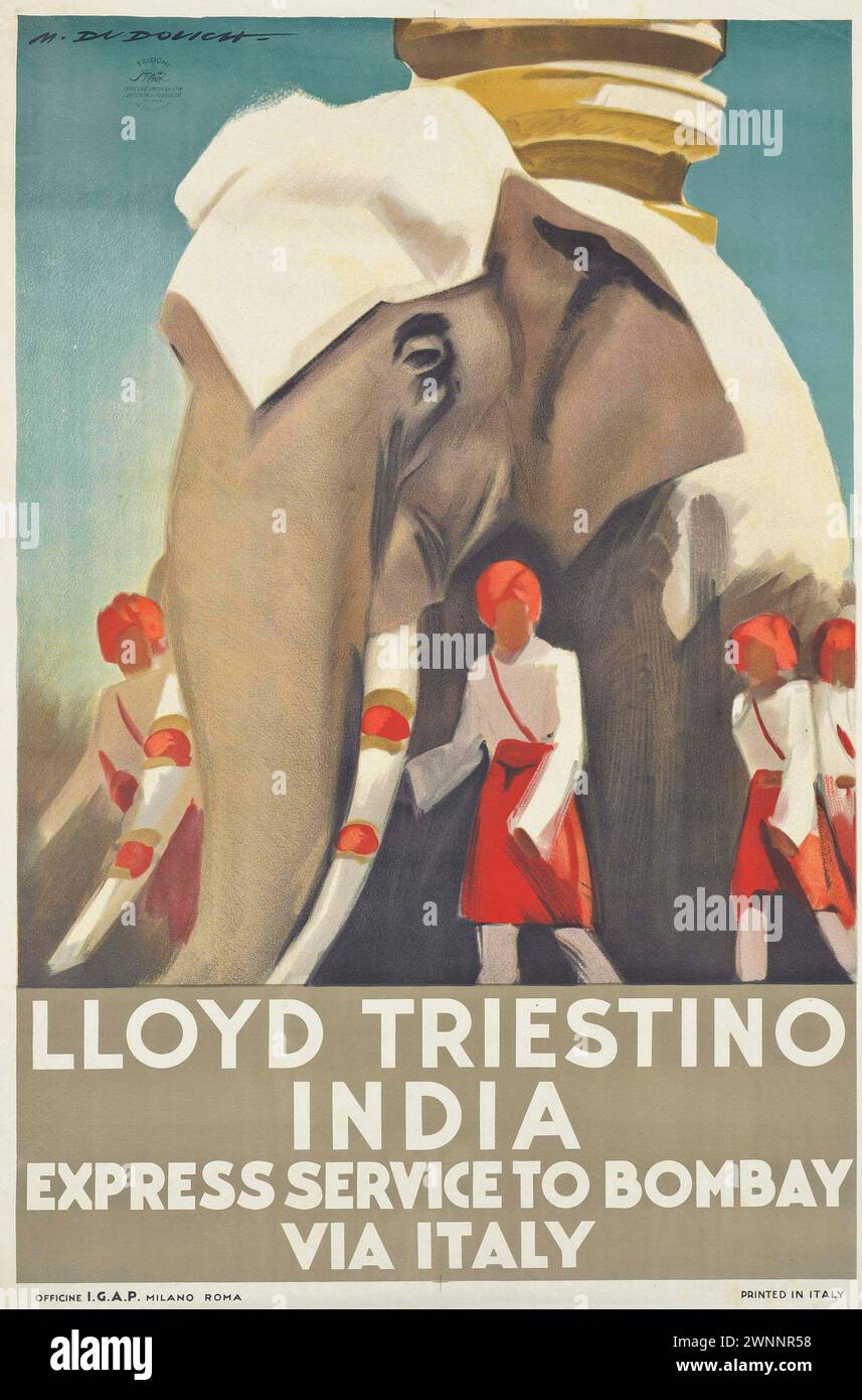 Poster di viaggio vintage: Lloyd Triestino- India- servizio espresso per Bombay via Italia. anni '1930 Foto Stock