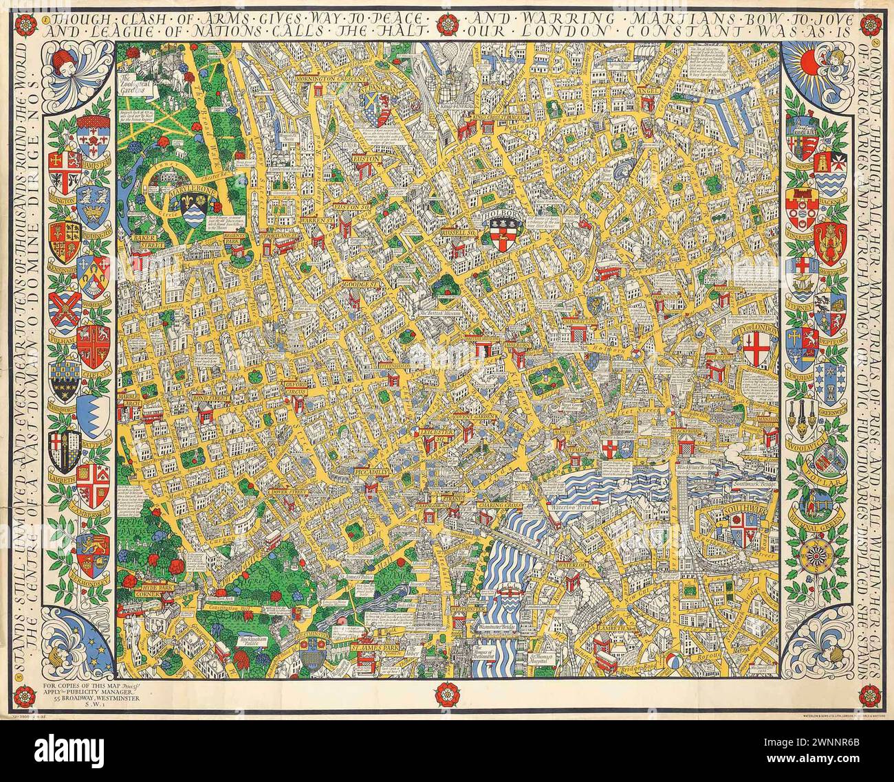 Mappa specializzata illustrata d'epoca. Central London Clash of Arms, di MacDonald Gill litografia a colori, 1932, stampata da Dobson, molle & Co.. Ltd., Londra, Foto Stock