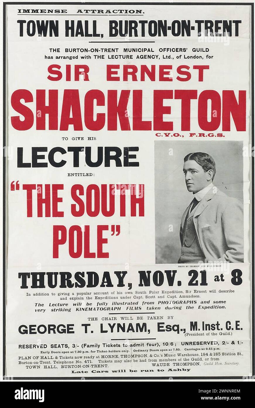 Poster d'epoca per la conferenza "The South Pole" di Sir Ernest Henry Shackleton in Burton-on-Trent: 1913. Presenta un ritratto di Shackleton Foto Stock