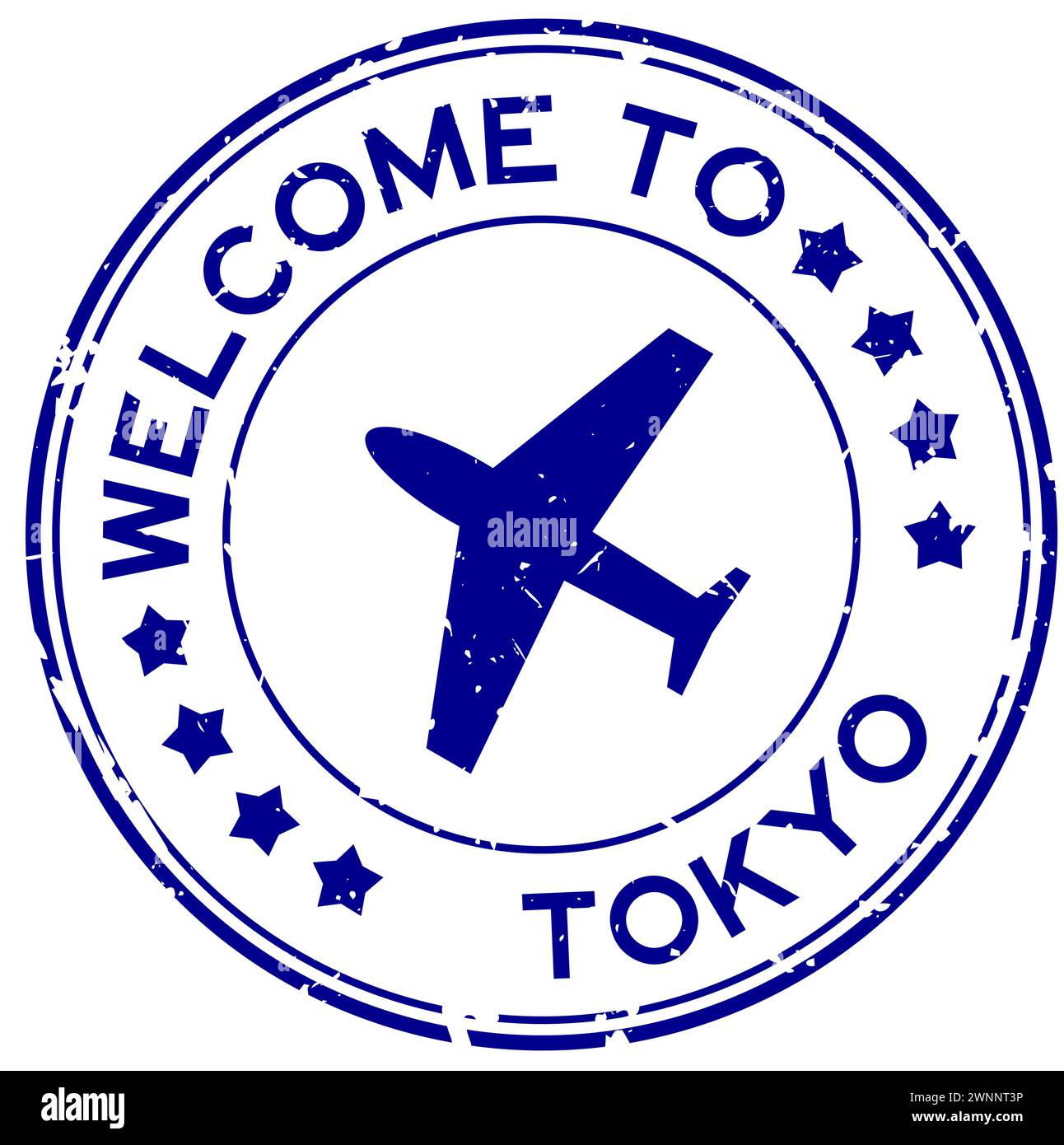 Blu grunge benvenuto a tokyo parola con l'icona dell'aereo timbro rotondo con sigillo di gomma su sfondo bianco Illustrazione Vettoriale