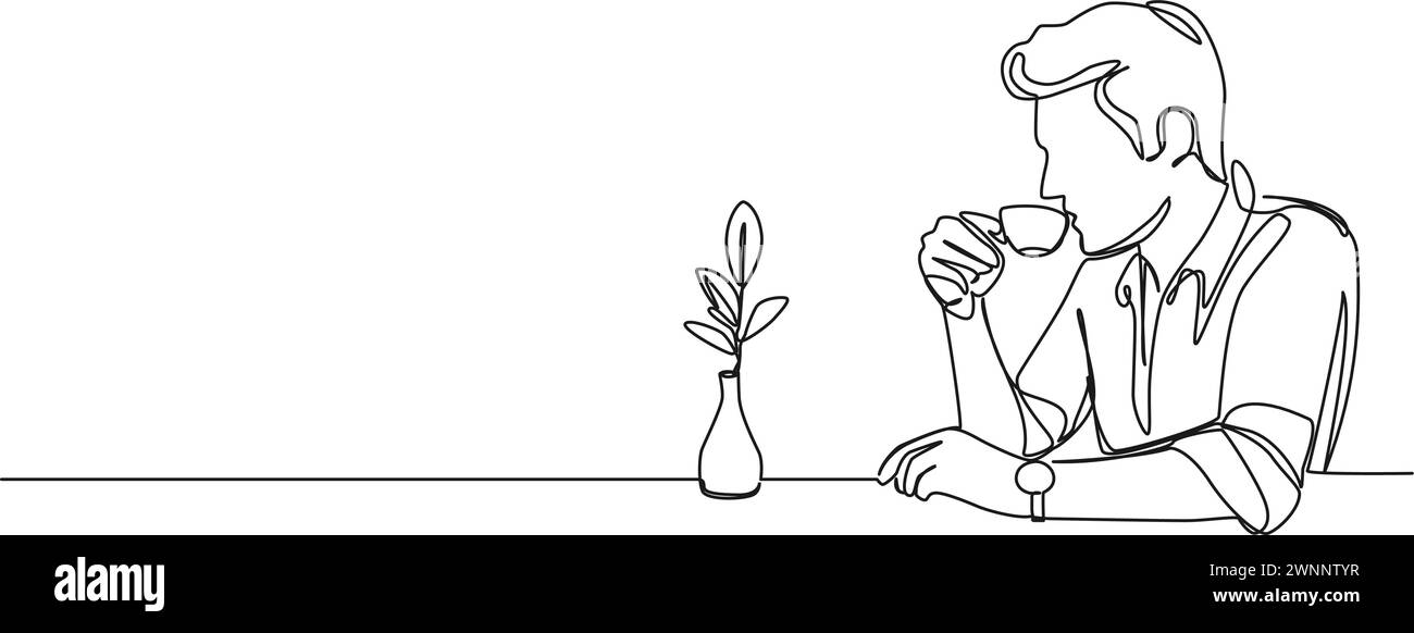 disegno continuo a riga singola dell'uomo che beve una tazza di caffè espresso, illustrazione vettoriale line art Illustrazione Vettoriale