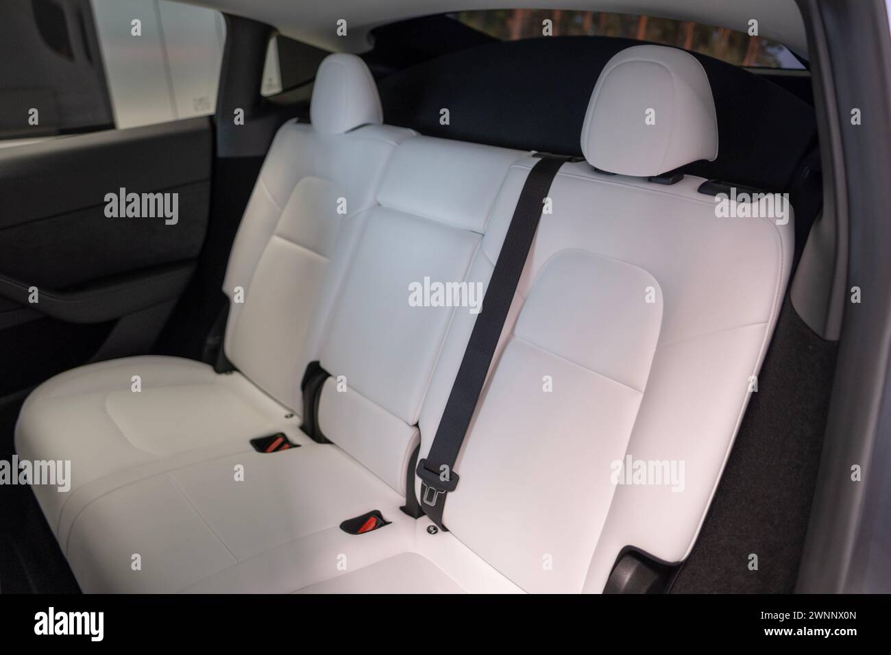primo piano interni, sedili posteriori in pelle bianca auto elettrica modello Y Tesla, cinture di sicurezza, SUV crossover prodotto da Tesla, Innovation Automotive Industry in Foto Stock