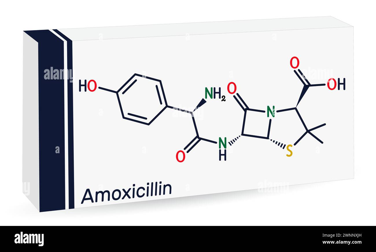 Molecola del farmaco amoxicillina. Si tratta di antibiotico beta-lattame. Formula chimica scheletrica. Imballaggio di carta per farmaci. Illustrazione vettoriale Illustrazione Vettoriale