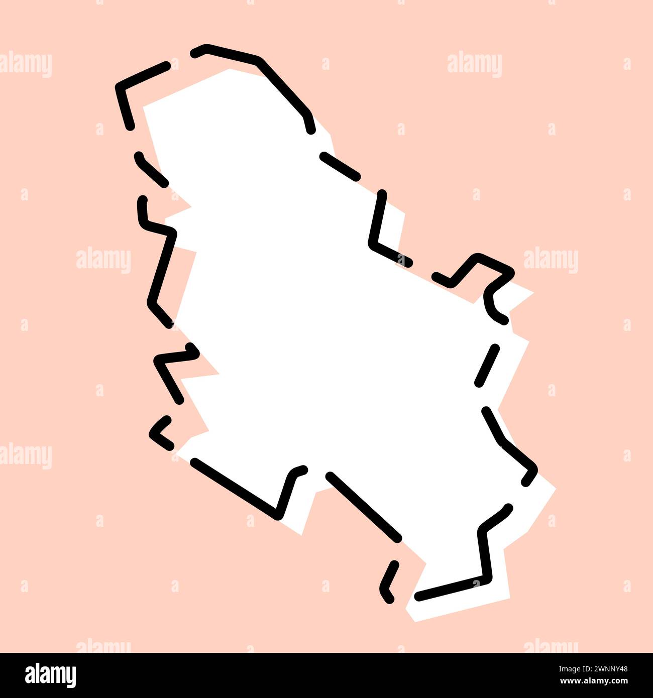 Mappa semplificata del paese della Serbia. Silhouette bianca con contorno nero spezzato su sfondo rosa. Semplice icona vettoriale Illustrazione Vettoriale