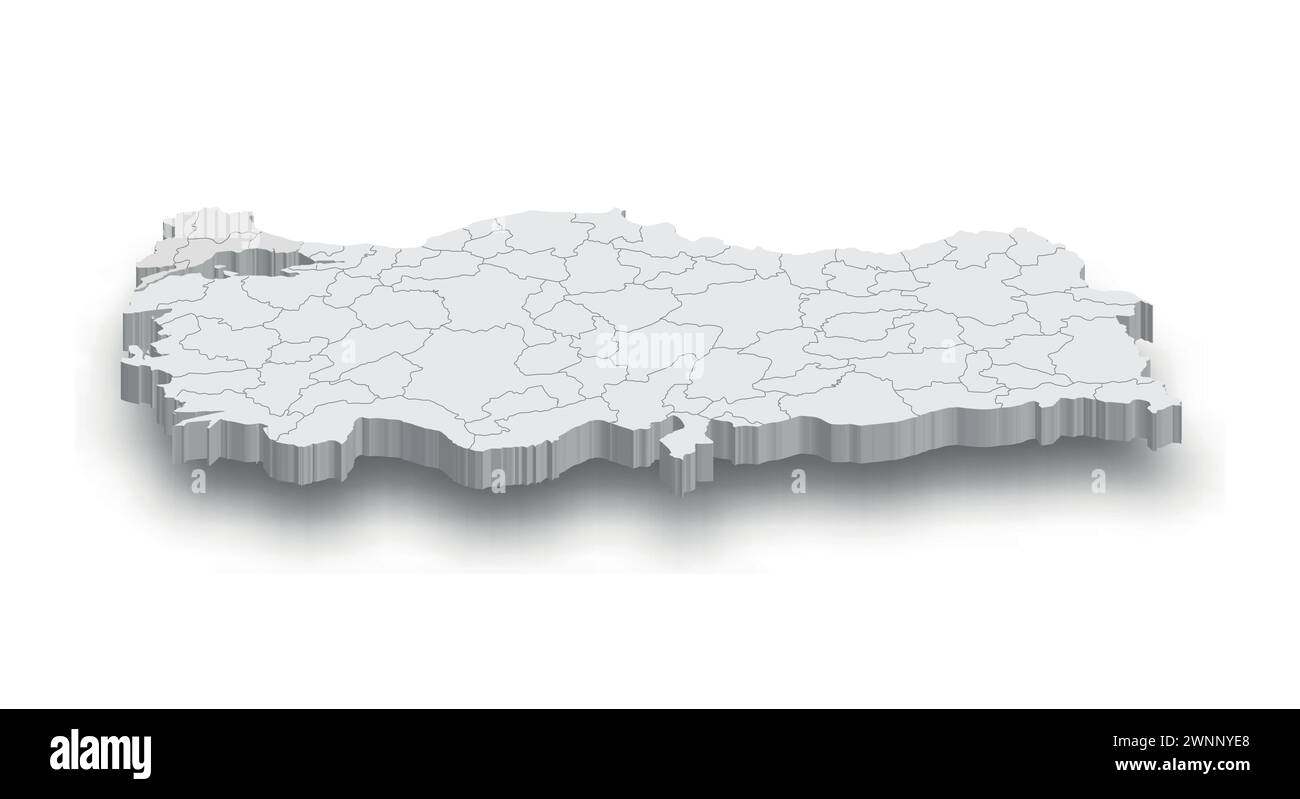 Mappa bianca della Turchia 3d con regioni isolate su sfondo bianco Illustrazione Vettoriale
