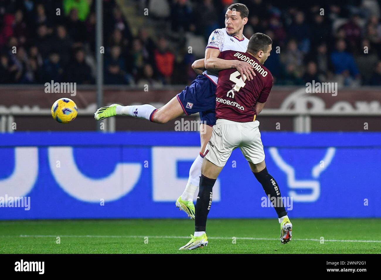 Andrea Belotti dell'ACF Fiorentina si batte per il pallone con Alessandro Buongiorno del Torino FC durante la partita di serie A tra Torino FC e A. Foto Stock