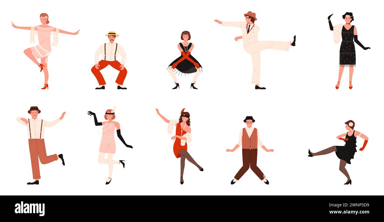 Le persone ballano sul set della festa di Charleston. Personaggi di ballerini maschili e femminili che ballano con la musica in stile anni '1920, collezione di spettacoli di Broadway, giovane donna e uomo si muovono in pose divertenti illustrazioni vettoriali dei cartoni animati Illustrazione Vettoriale