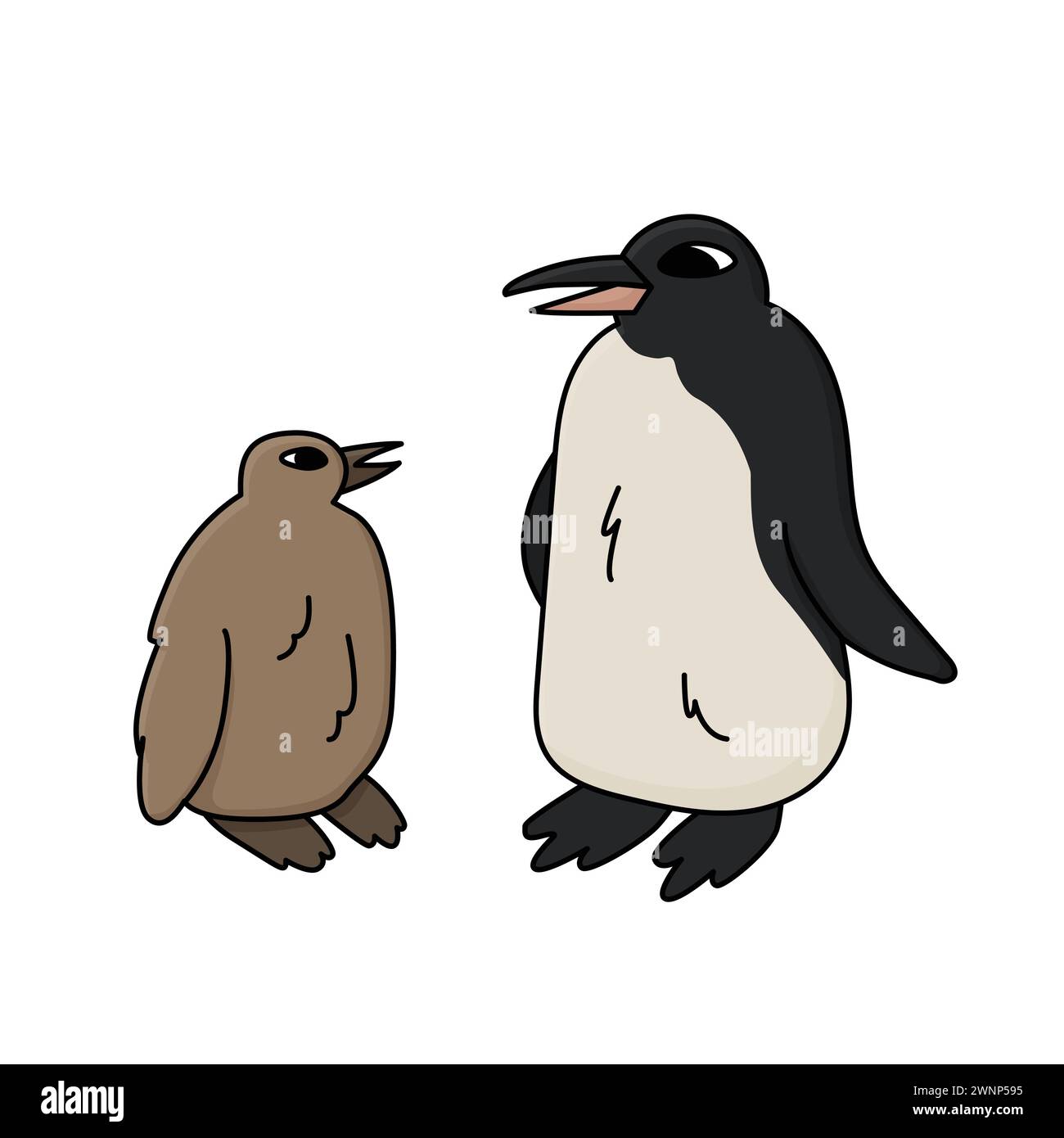 Re pinguino e una ragazza. Illustrazione del contorno del cartone animato disegnato a mano vettoriale. Due uccelli antartici. Illustrazione polare isolata su sfondo bianco Illustrazione Vettoriale