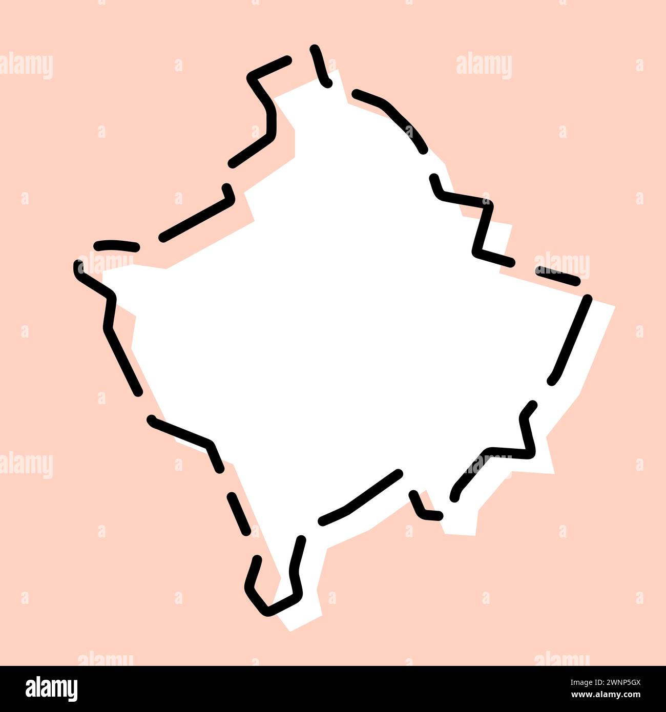 Mappa semplificata del paese del Kosovo. Silhouette bianca con contorno nero spezzato su sfondo rosa. Semplice icona vettoriale Illustrazione Vettoriale