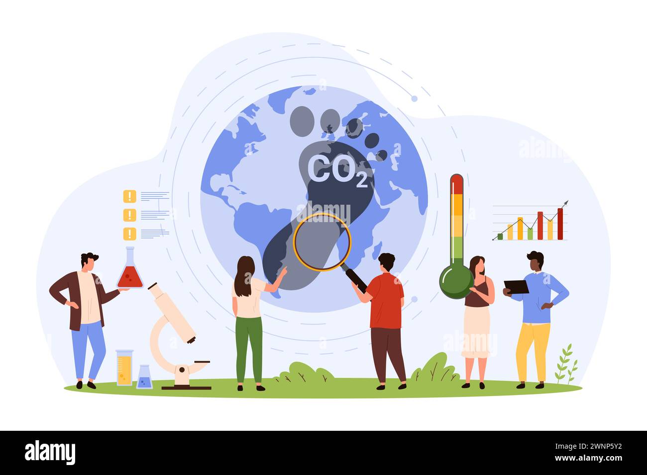 Emissioni di CO2 ed ecologia. Piccole persone ricercano con biossido di vetro ingrandente inquinamento da gas serra nell'aria, impatto ambientale e illustrazione vettoriale dei fumetti sui cambiamenti climatici Illustrazione Vettoriale