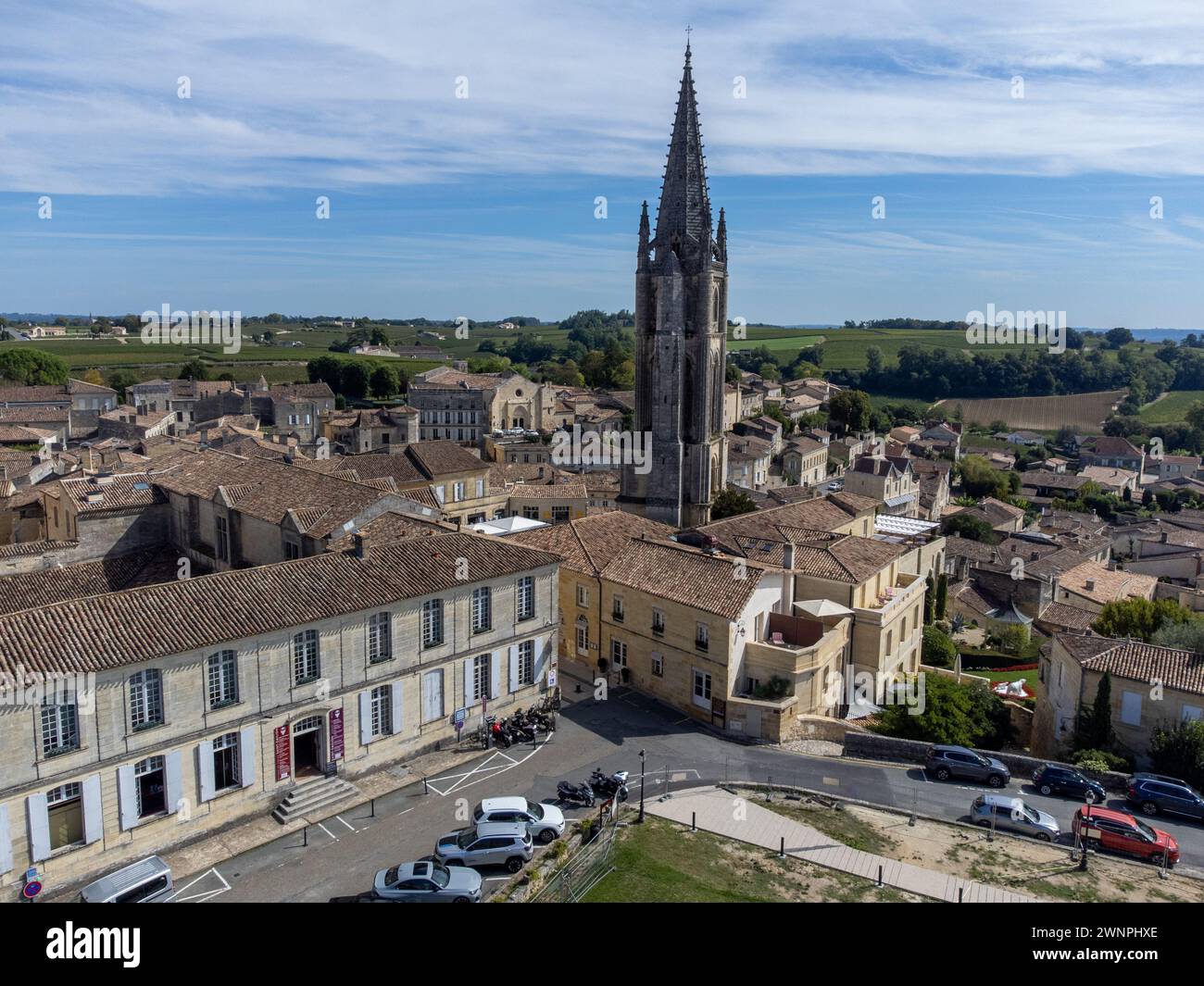 Vedute aeree dei verdi vigneti, delle vecchie case e delle strette strade collinari della città medievale di St Emilion, produzione di vino rosso Bordeaux su vigneti di classe cru Foto Stock