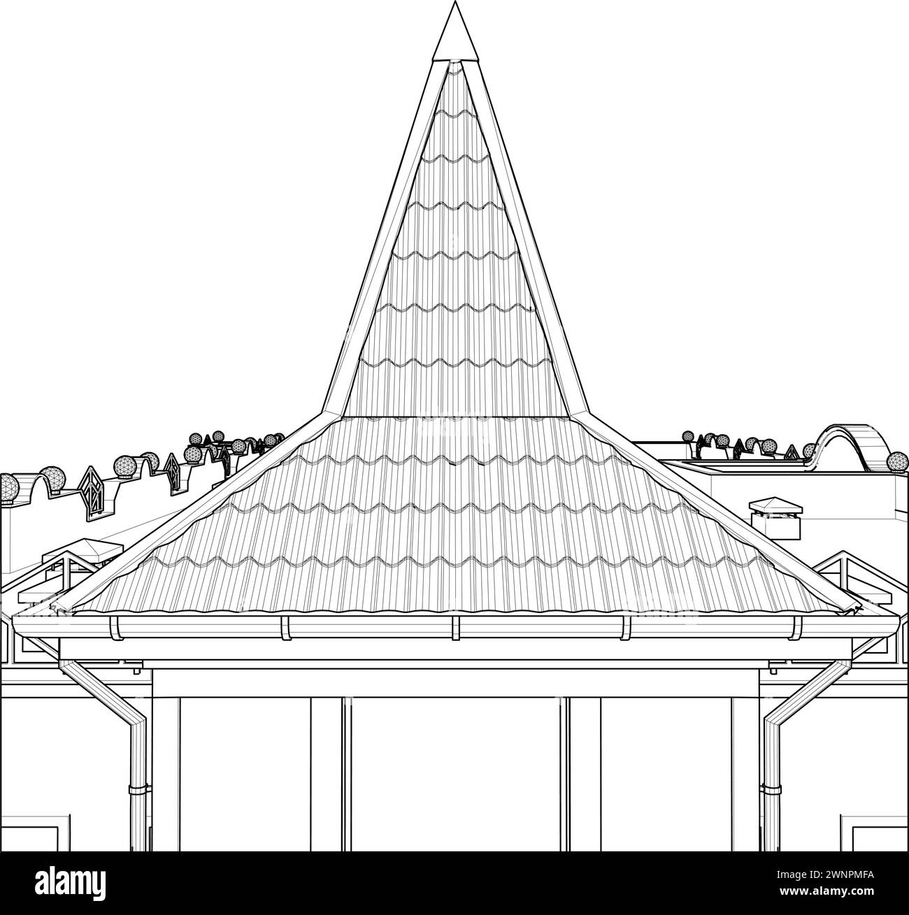 Il tetto del moderno edificio Tower Vector. Vista del tetto apribile. Un tetto hip, un tetto hip-roof, un tetto a tetto. Illustrazione Vettoriale