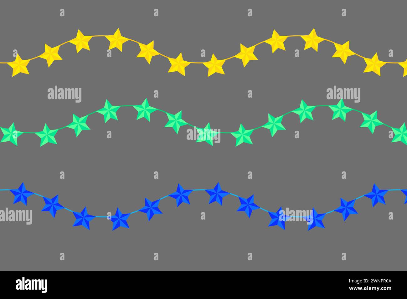 Tre linee ondulate di stelle nei colori giallo, verde acqua e blu su sfondo grigio. Illustrazione vettoriale. EPS 10. Illustrazione Vettoriale