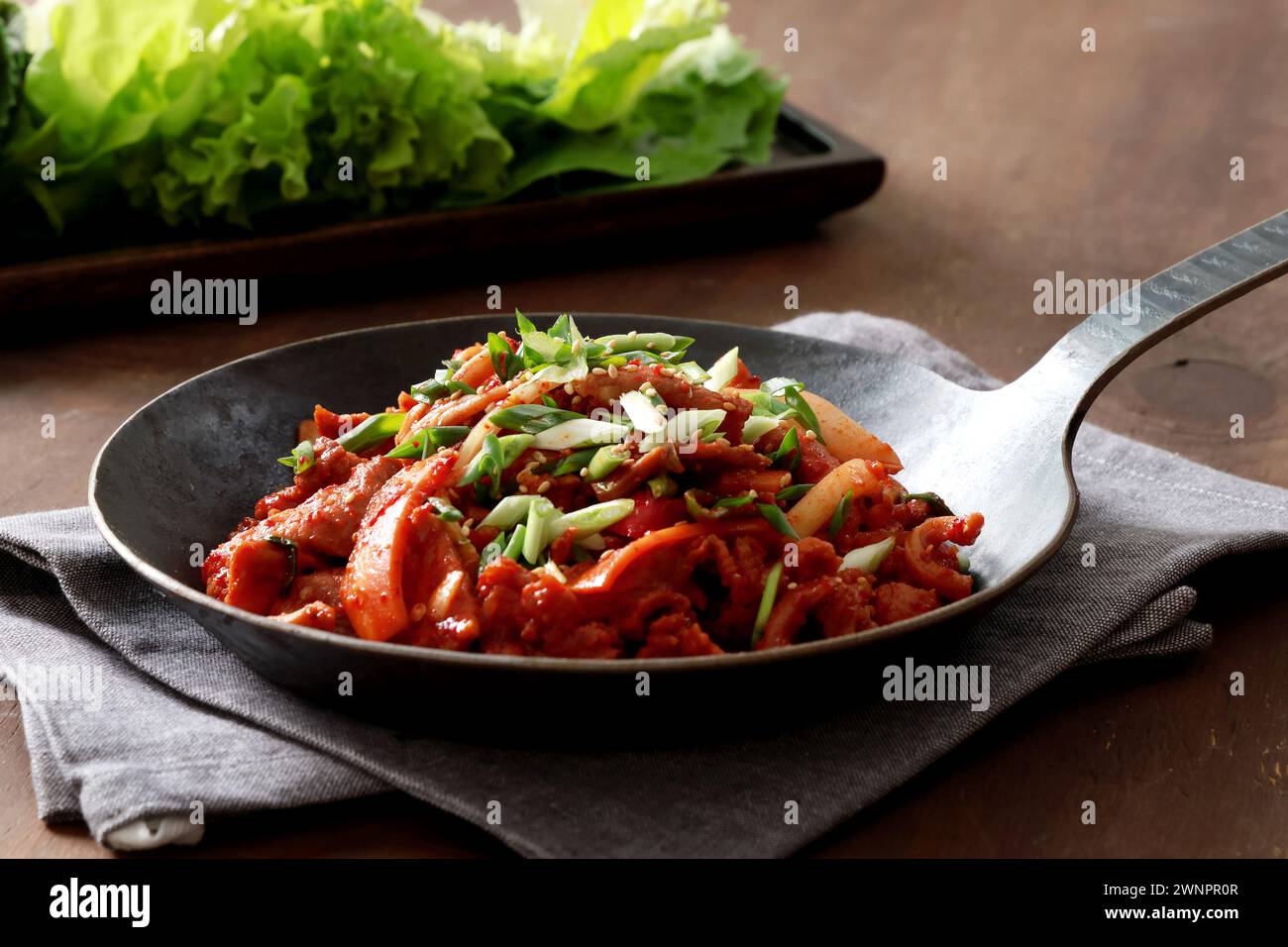 Questo è un delizioso e sostanzioso piatto coreano di maiale saltato in padella (제육볶음). Il maiale è tenero e saporito, e le verdure sono cotte alla perfezione. Foto Stock