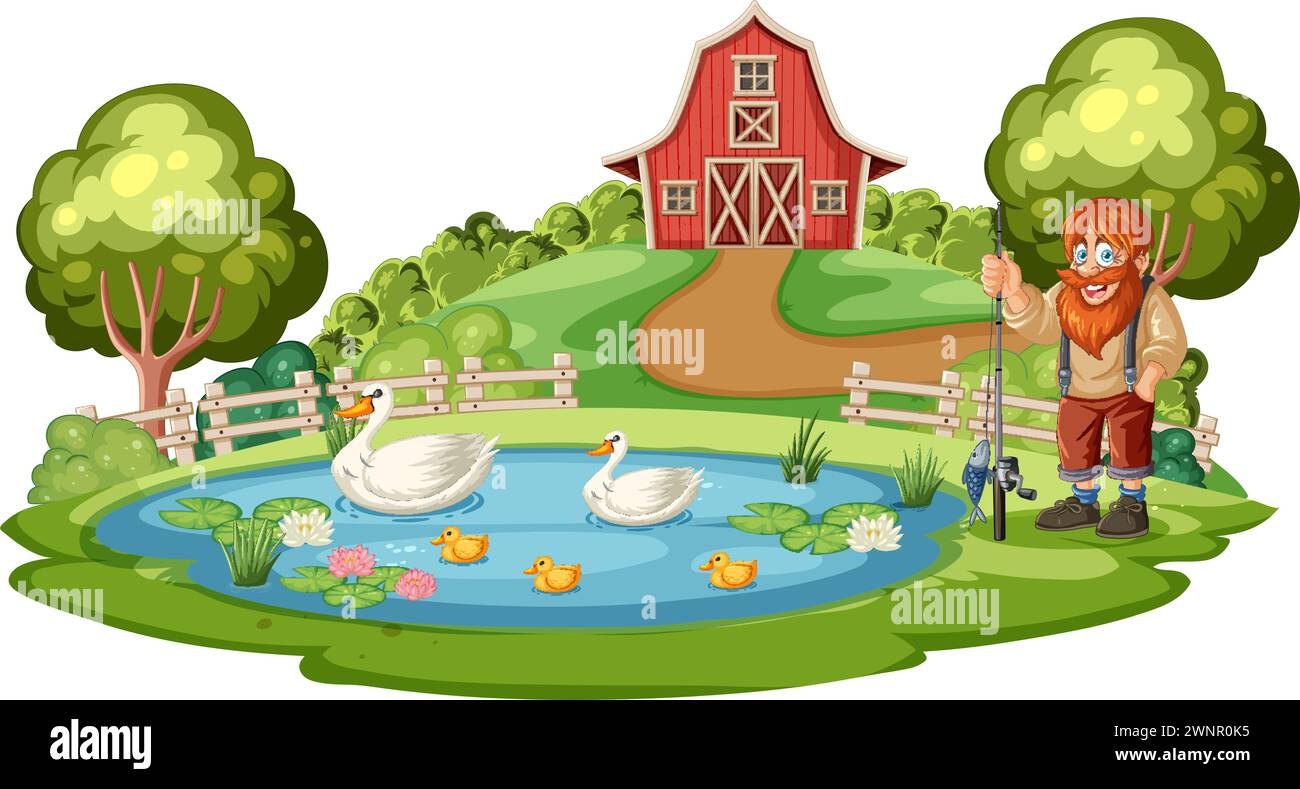 Illustrazione di un agricoltore con animali in uno stagno. Illustrazione Vettoriale