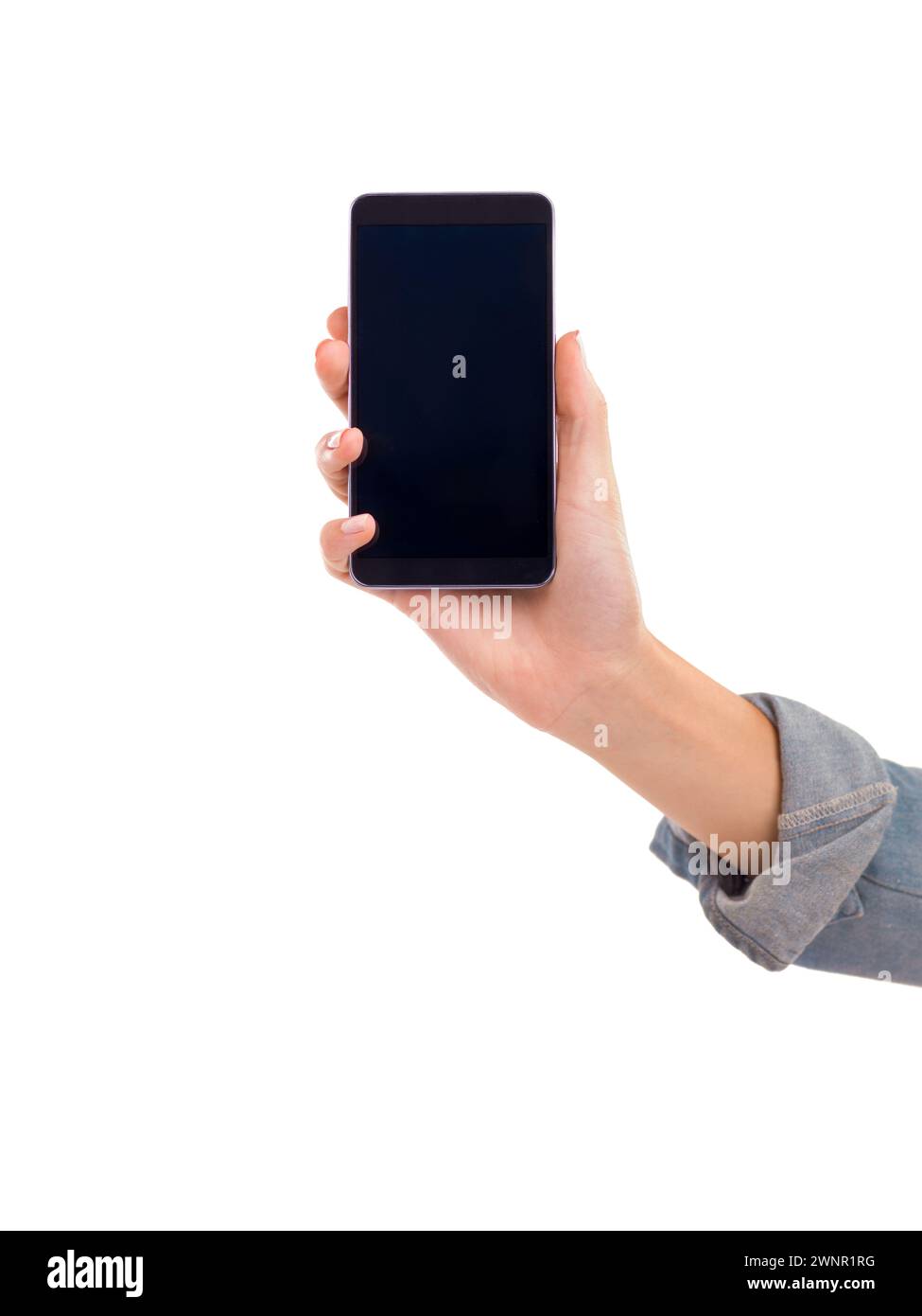 Mano, telefono e schermo vuoto in studio, display e spazio di mockup o social media su sfondo bianco. Persona, tecnologia e sito Web o rete per Foto Stock