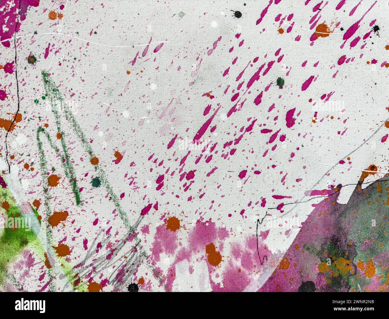 spruzzi di vernice multicolore su sfondo bianco su tela Foto Stock