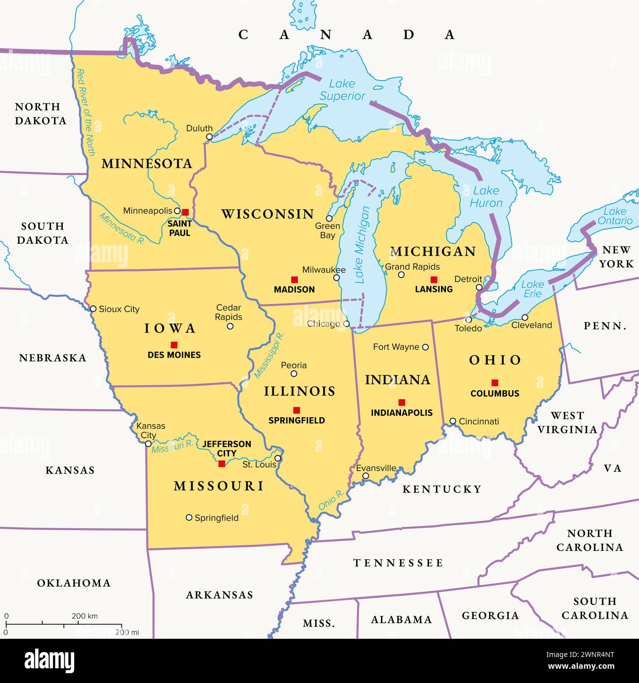 Mapa Pol Tico De Estados Unidos Immagini E Fotografie Stock Ad Alta Regione Del Midwest Degli Stati Uniti Mappa Politica Stati Uniti Del Midwest O Midwest Americano Una Regione Geografica A Sud Dei Grandi Laghi 2wnr4nt