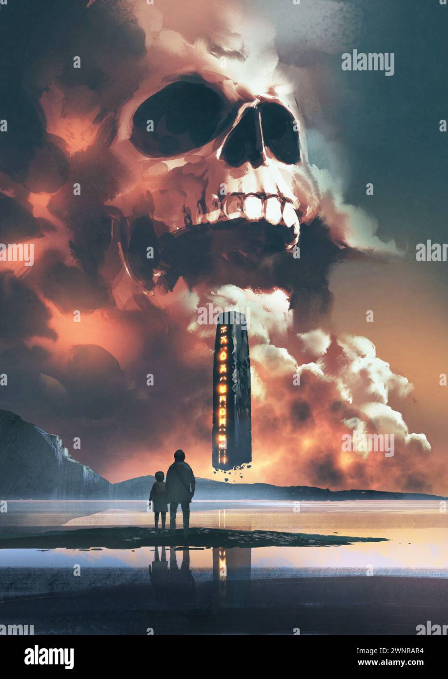 padre e figlio che guardano il pilastro di roccia che galleggia nel cielo contro le nuvole a forma di cranio. stile di arte digitale, pittura illustrativa Foto Stock