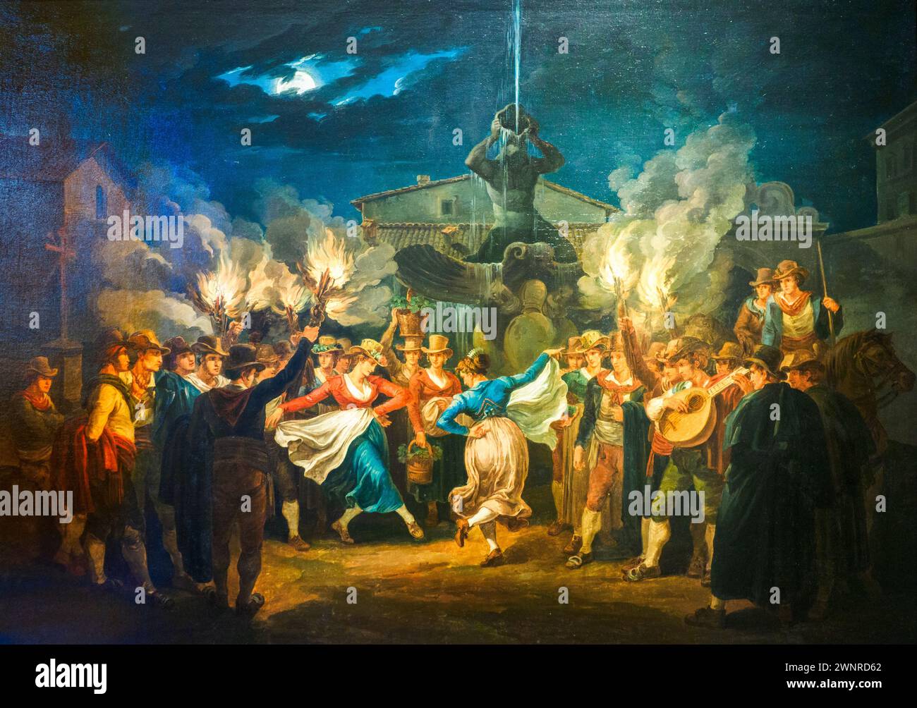 Il ballo "Saltarello" di notte del "mozzatore" in Piazza Barberini 1821 di Bartolomeo Pinelli (1781-1835) - olio su tela - Museo di Roma, Italia Foto Stock