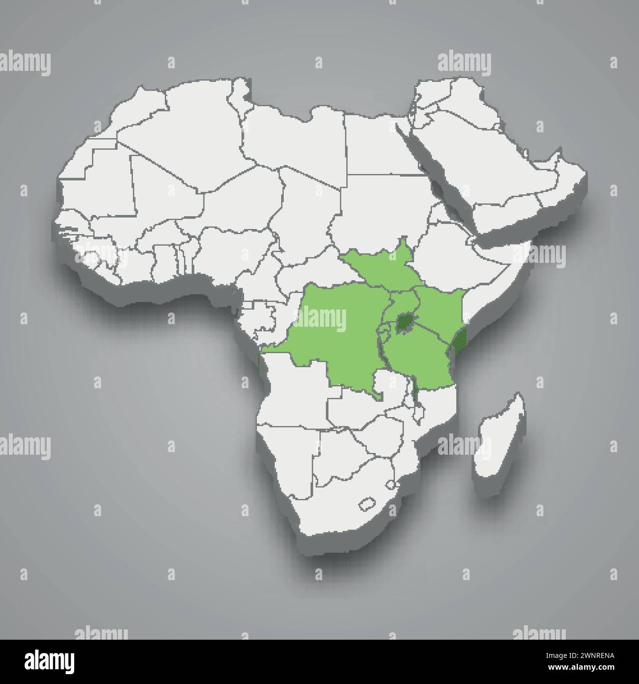 Posizione della Comunità dell'Africa orientale all'interno dell'Africa mappa isometrica 3d. Illustrazione Vettoriale