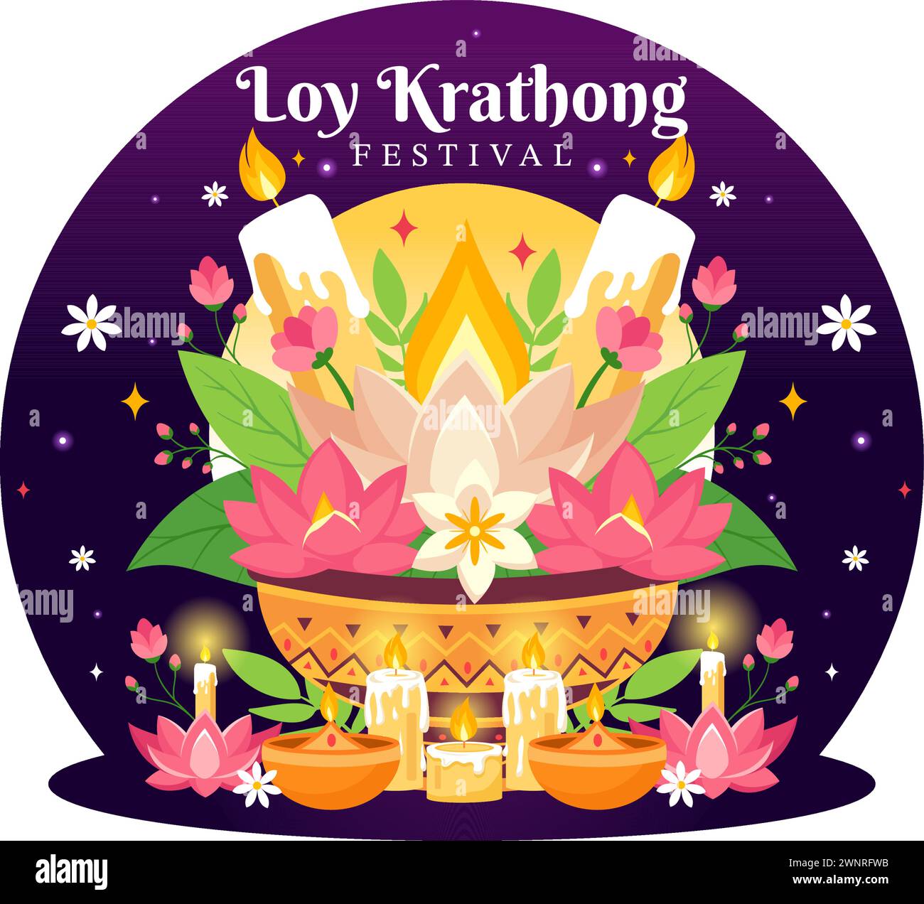 Loy Krathong Vector Illustration of Festival Celebration in Thailand with Lanterns and Krathongs Floating on Water Design in Flat Cartoon background Illustrazione Vettoriale