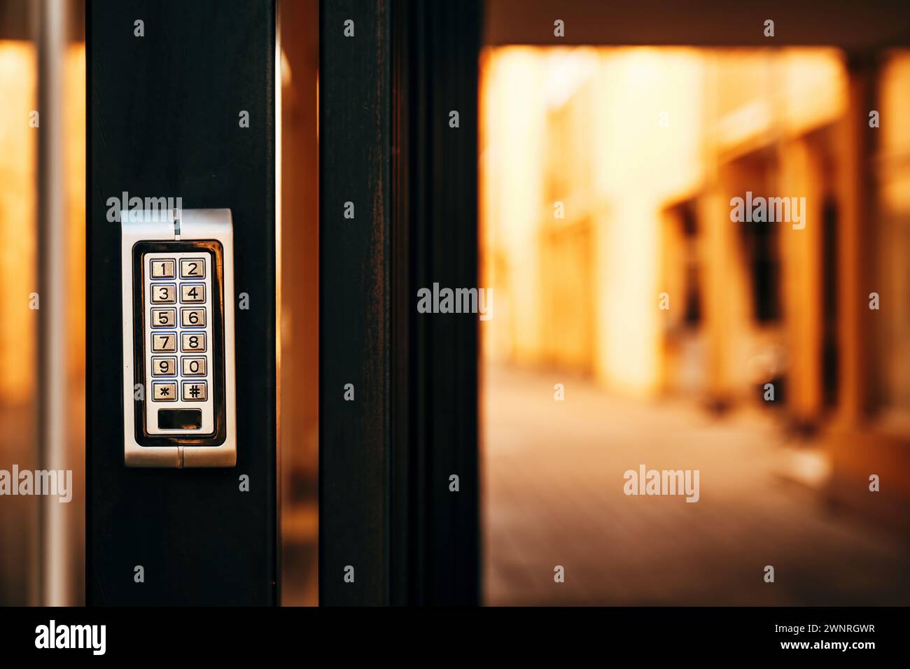 Blocco porta con tastiera all'ingresso di edifici residenziali, messa a fuoco selettiva Foto Stock